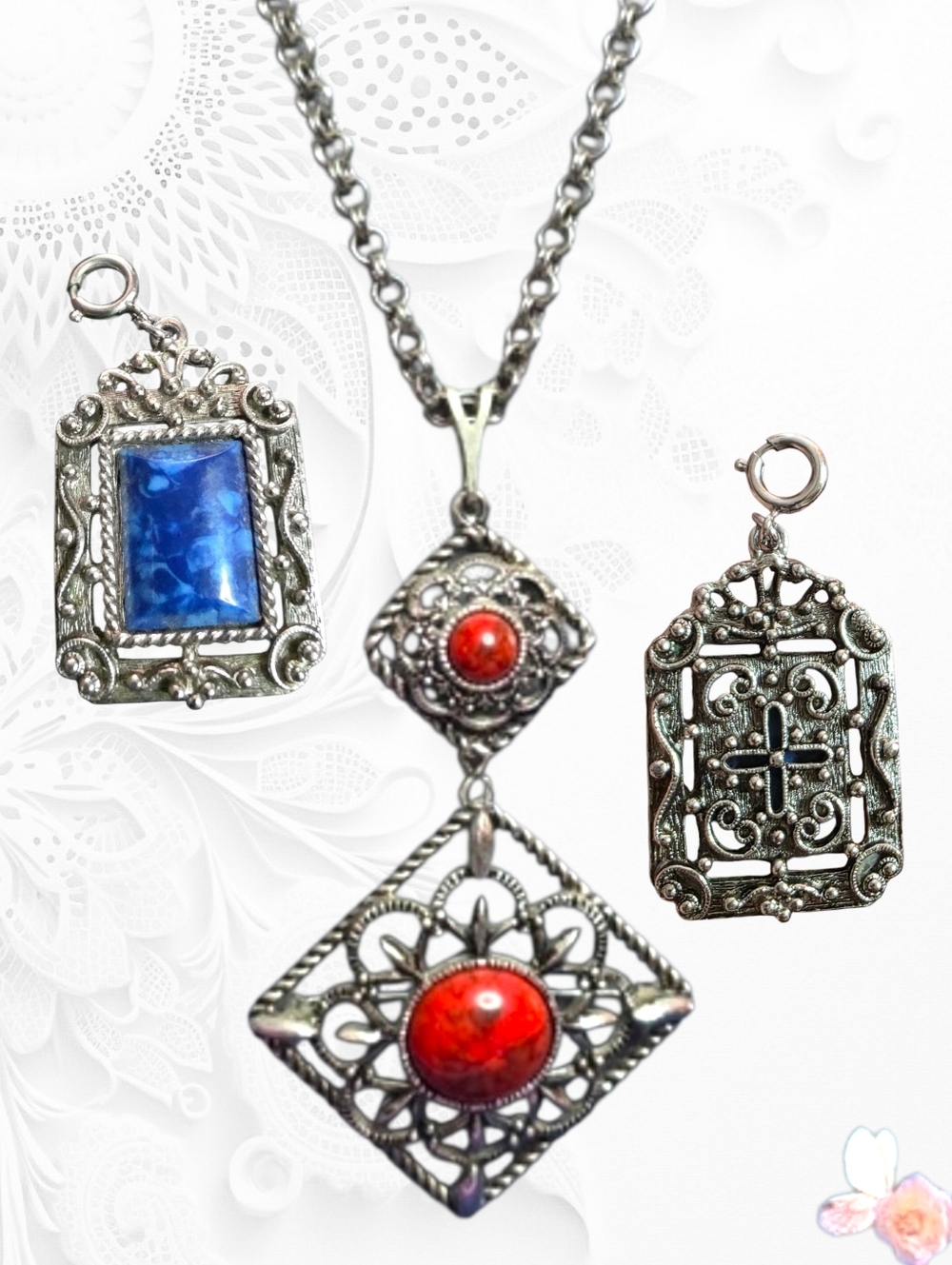 Vintage Sarah Coventry Red & Blue Cabochon Filigree Pendant Necklace Set Silver